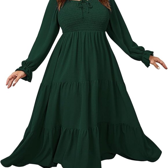 Plus Size Maxi Dress Women's Long Sleeve Square Neck Smocked A Line Formal - Picture 1 of 6